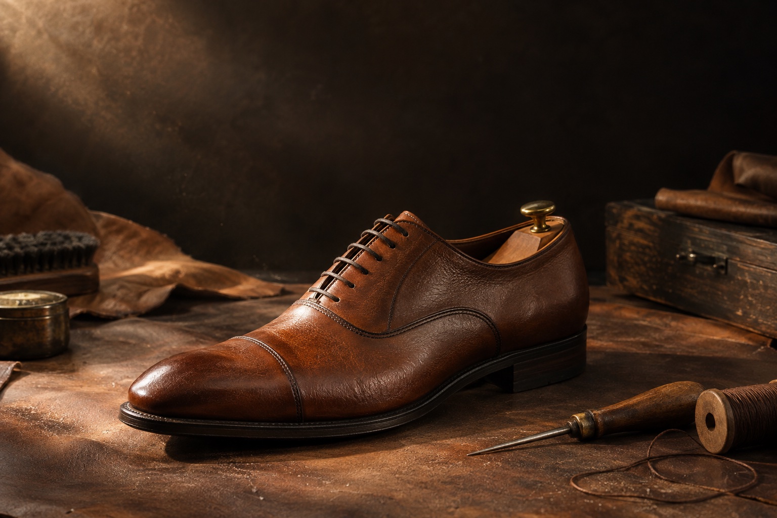 Illustrative leather shoe still life with repair tools; not the shop’s work or premises